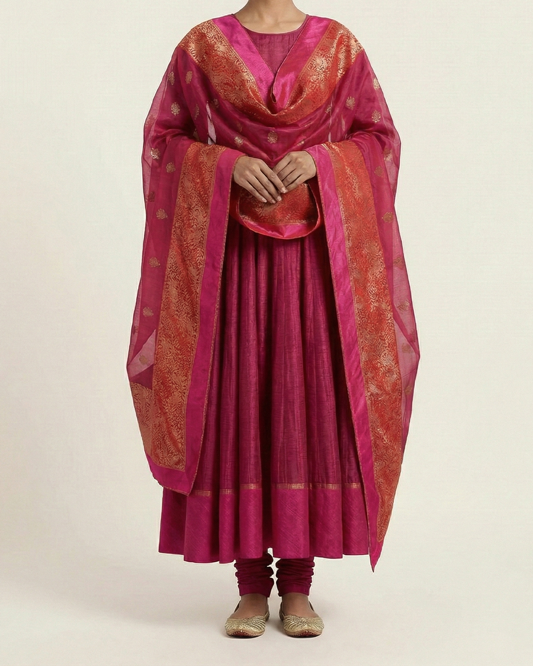 Pink Handwoven Tussar Kota Anarkali
