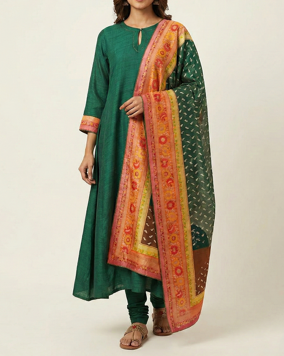 Green Handwoven Satin Tussar Shaded Sufi-Cut Kurta Set
