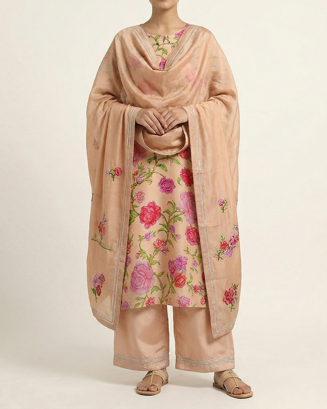 Beige Handwoven Crepe Silk Kurta Set