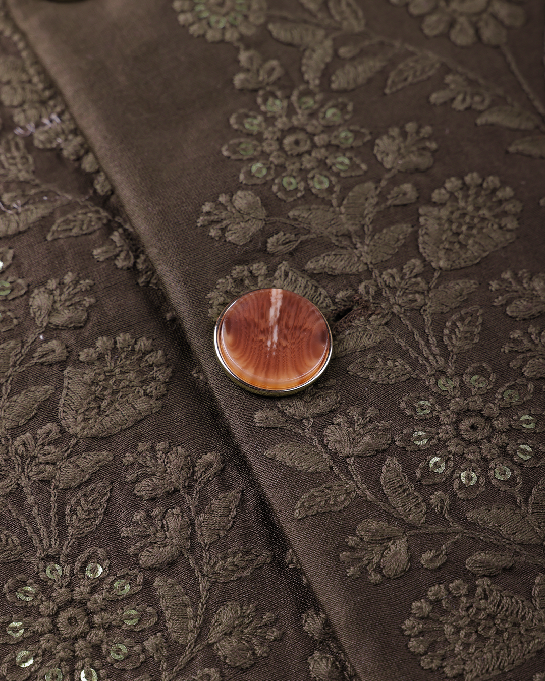 Brown Handwoven Tussar Silk Embroidered Bandhgala