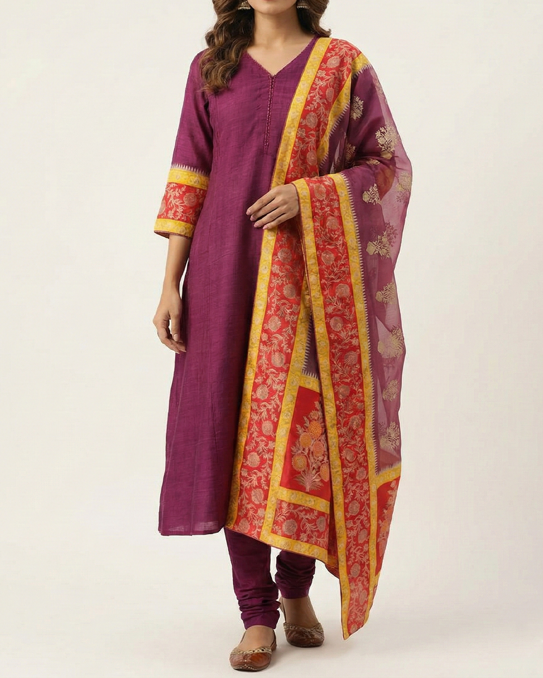 Purple Handwoven Matka Silk Sufi-Cut Kurta Set