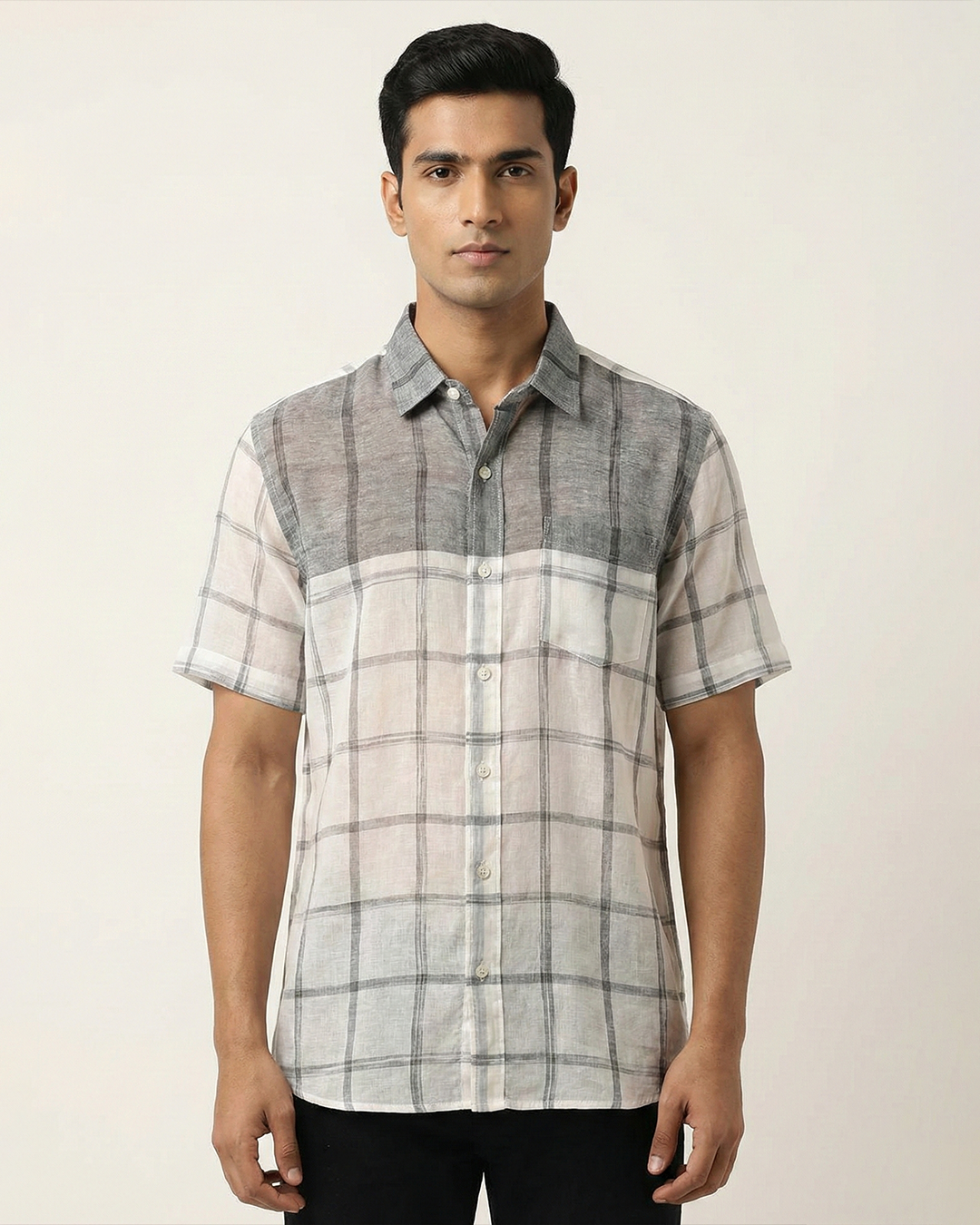 White Handwoven Fine Khadi Checks Shirt with Grey Panel
