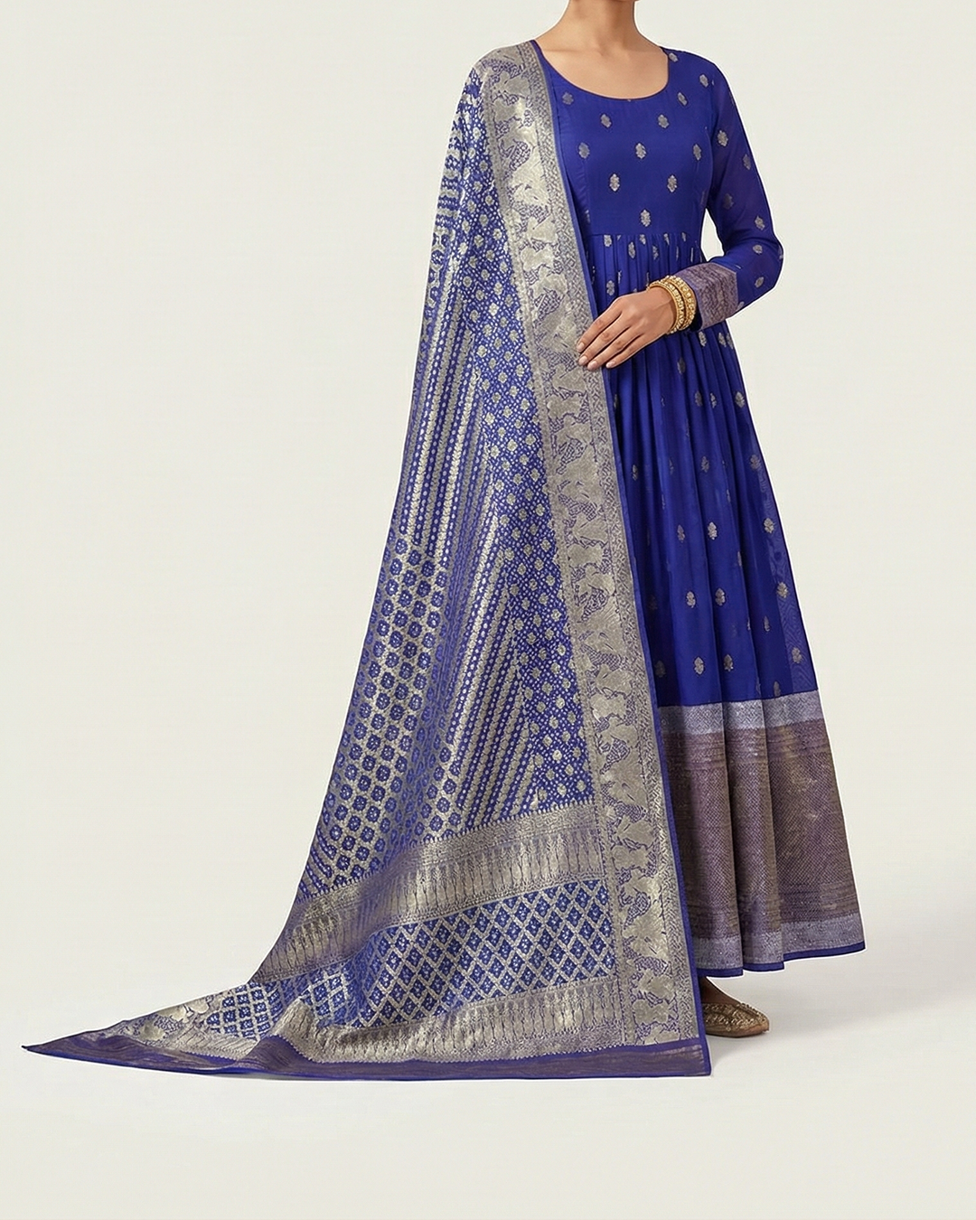Blue Handwoven Chiffon Kanjeevaram Anarkali