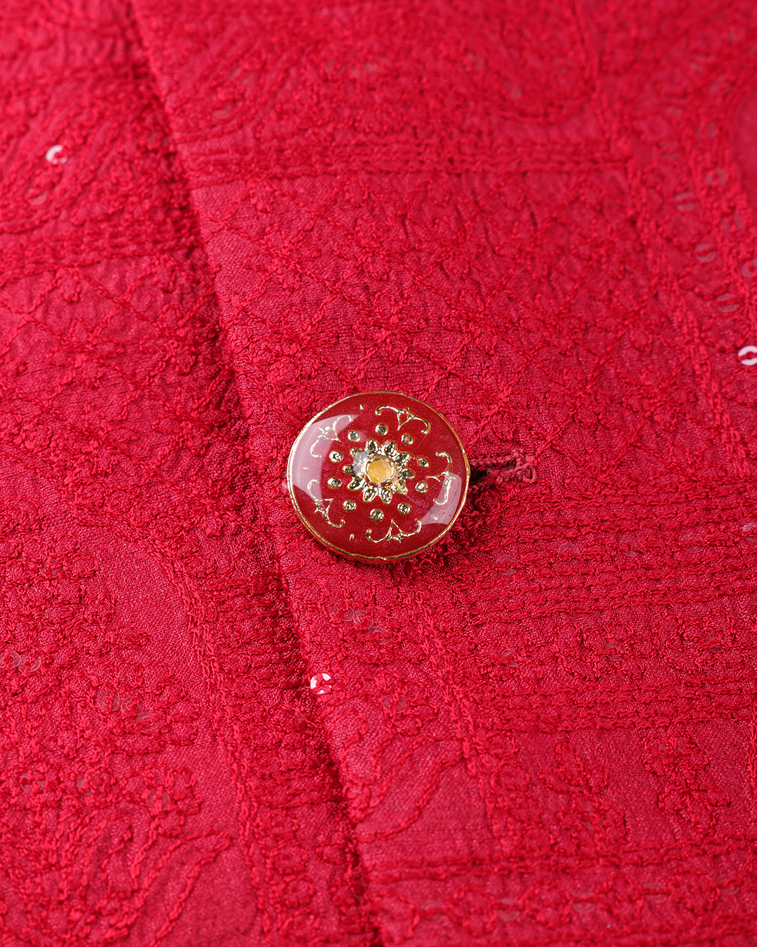 Red Handwoven Tussar Silk Embroidered Bandhgala