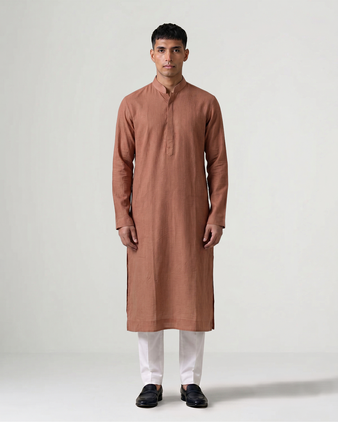 Brown Self Woven Silk Kurta