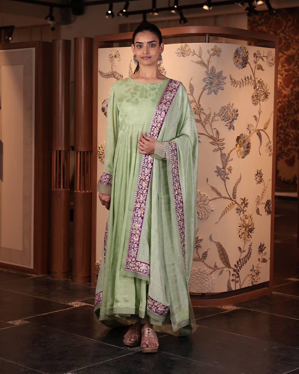 Green Handwoven Self Crepe Silk Anarkali