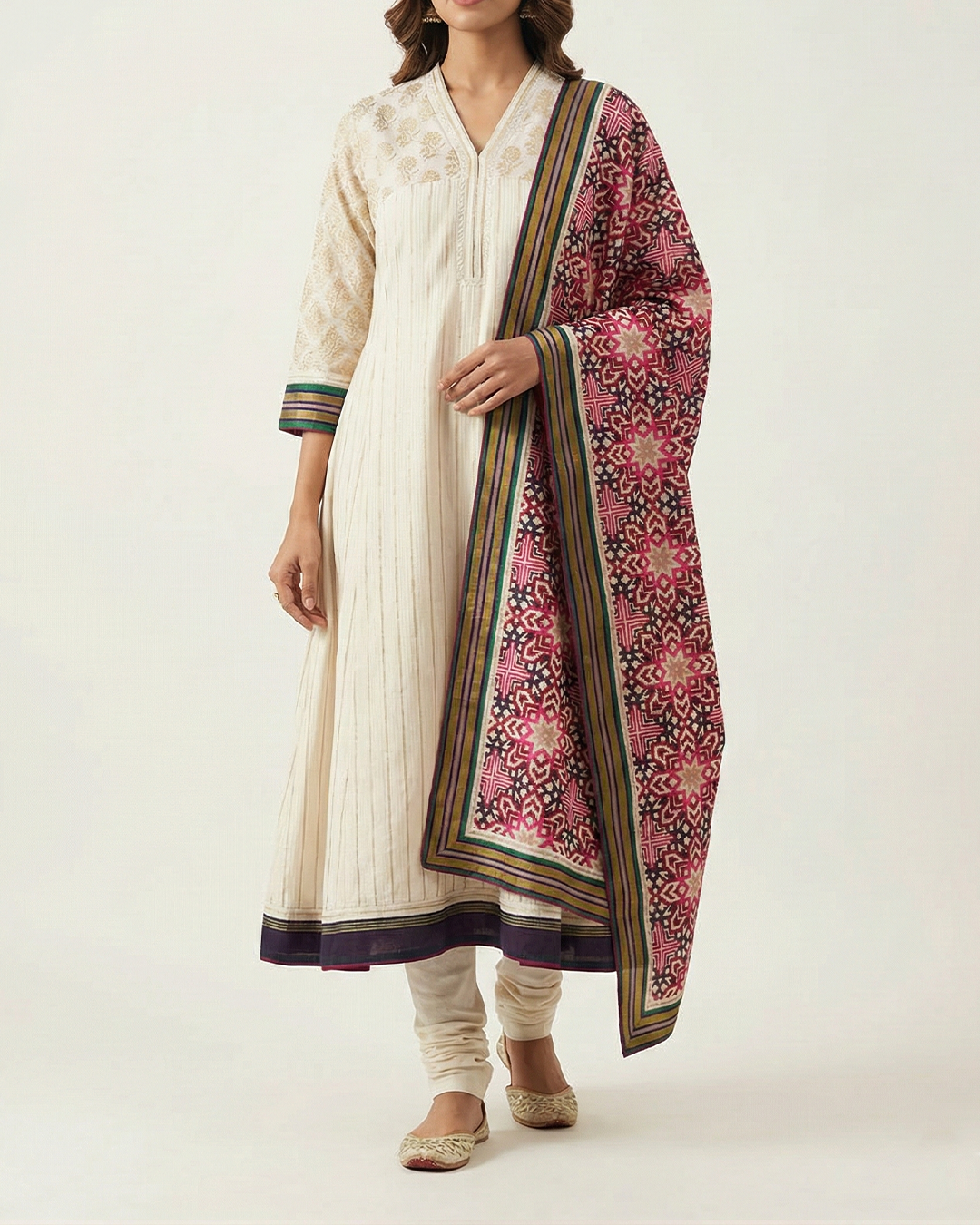 Off White Handwoven Tussar Embroidery Sufi-Cut Kurta Set