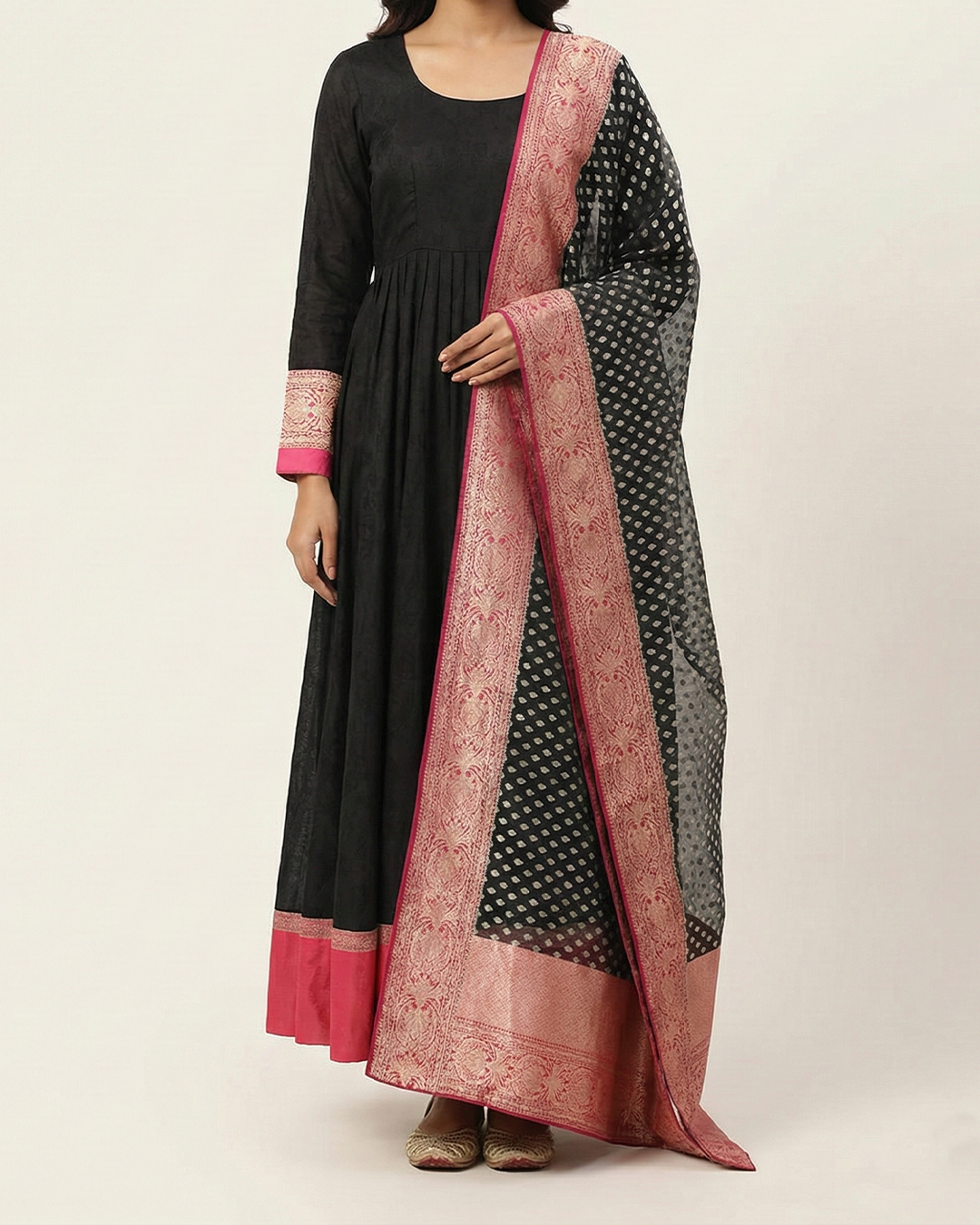 Black Handwoven Chiffon Self Woven Anarkali