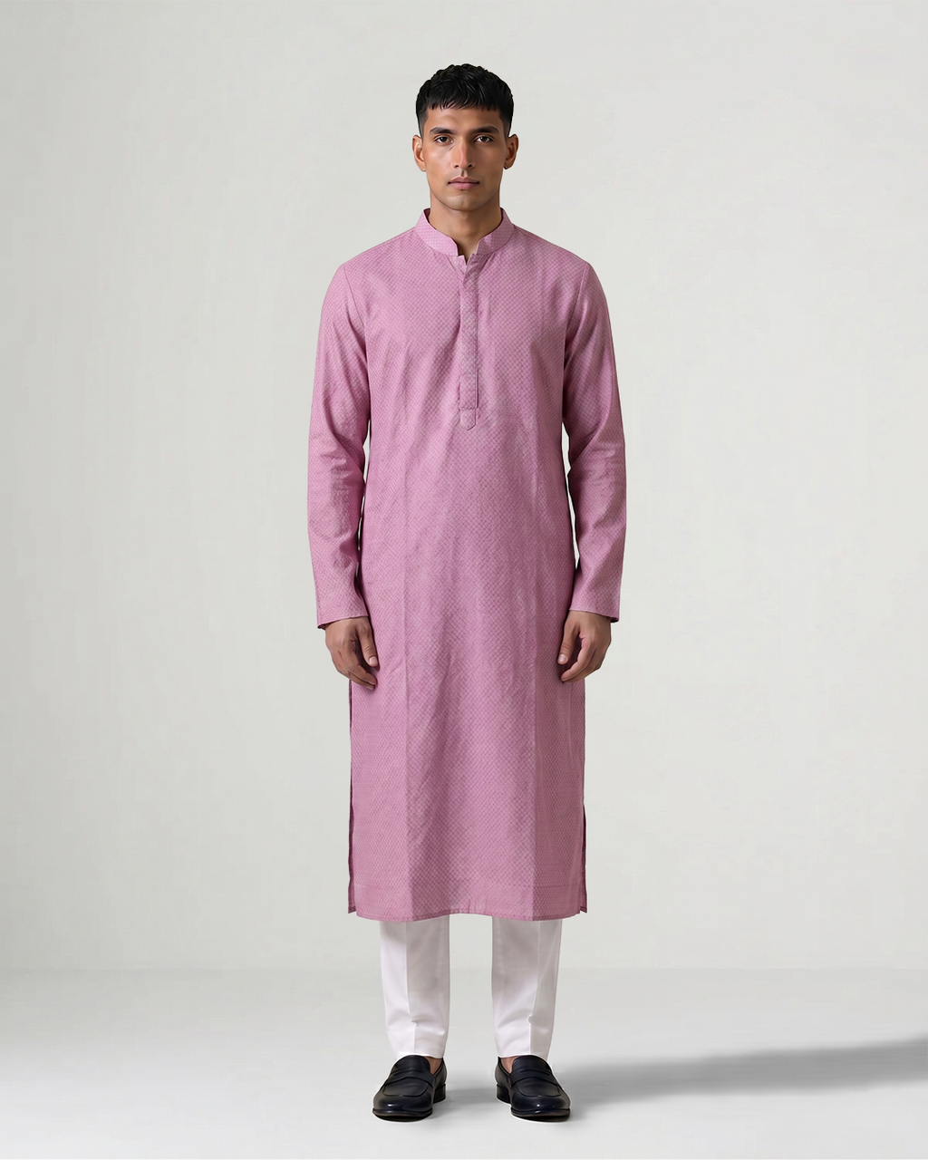 Pink Self Woven Silk Kurta
