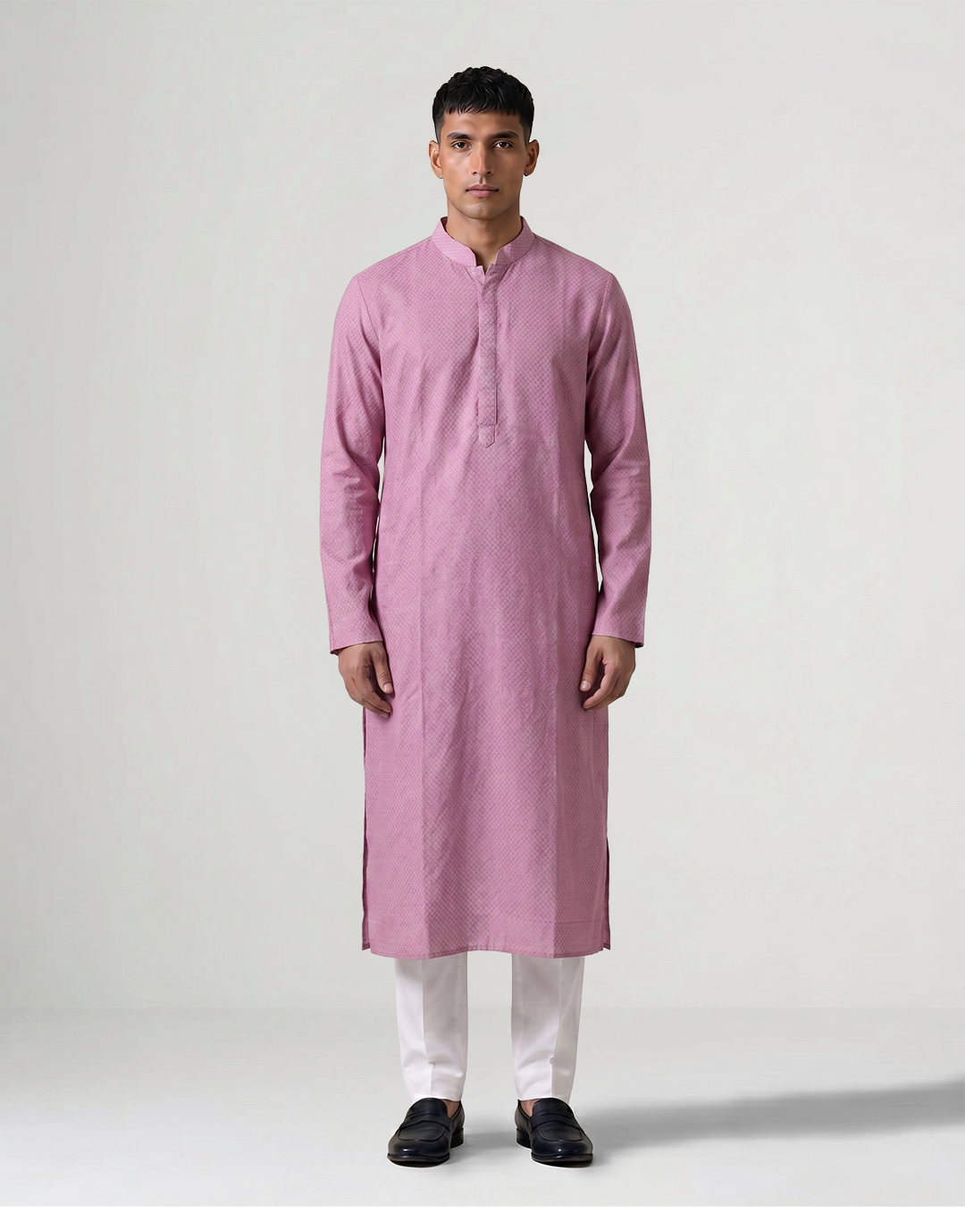 Pink Self Woven Silk Kurta