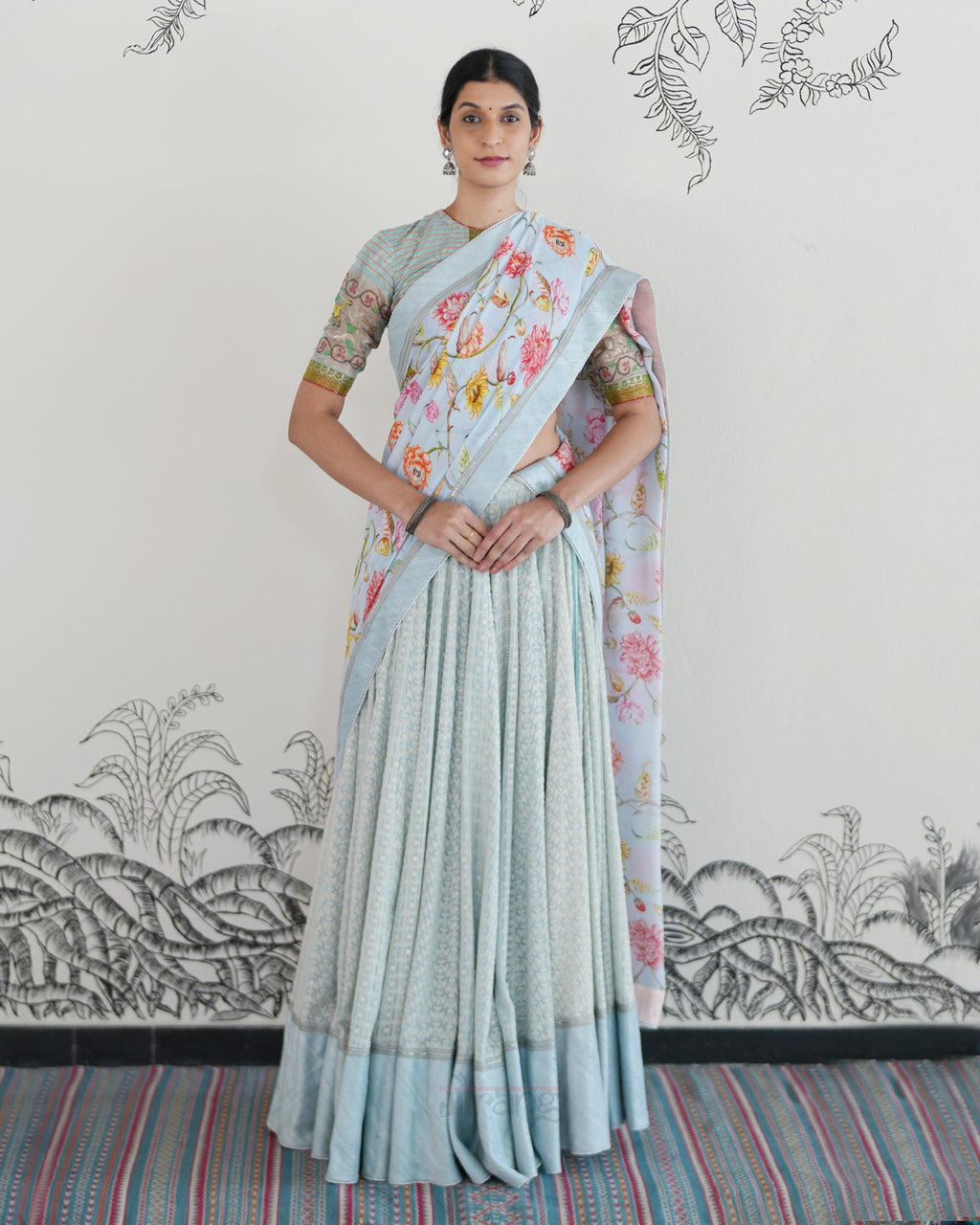 Blue Handwoven Georgette Embroidered Lehenga
