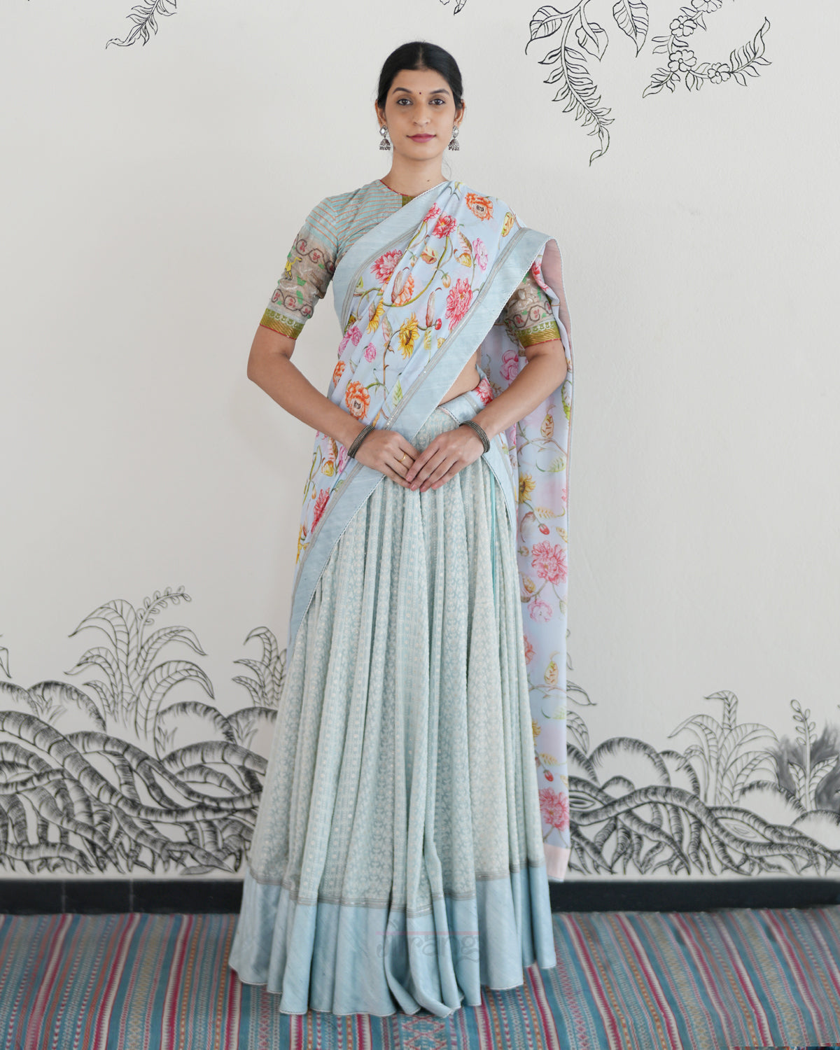 Blue Handwoven Georgette Embroidered Lehenga