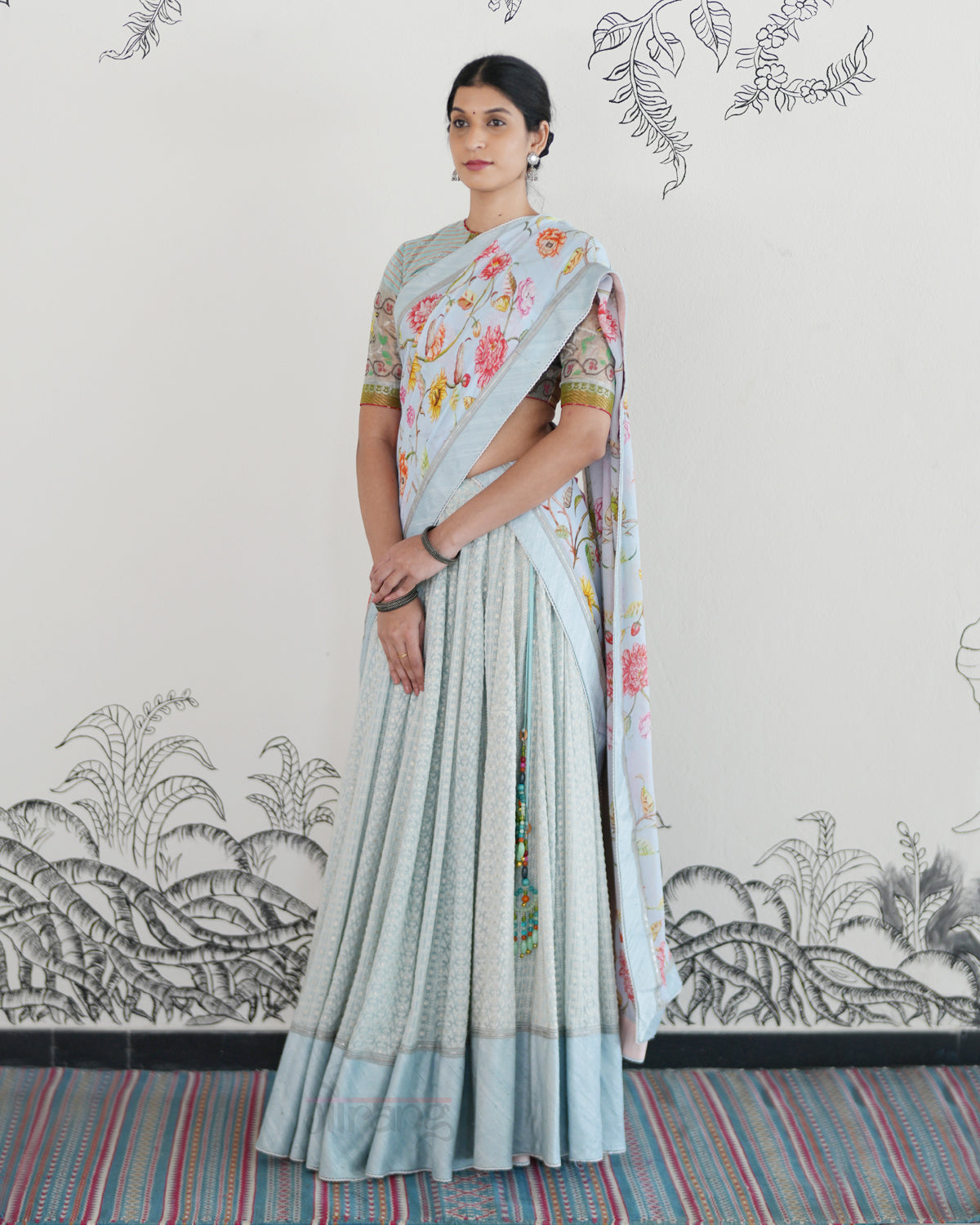 Blue Handwoven Georgette Embroidered Lehenga