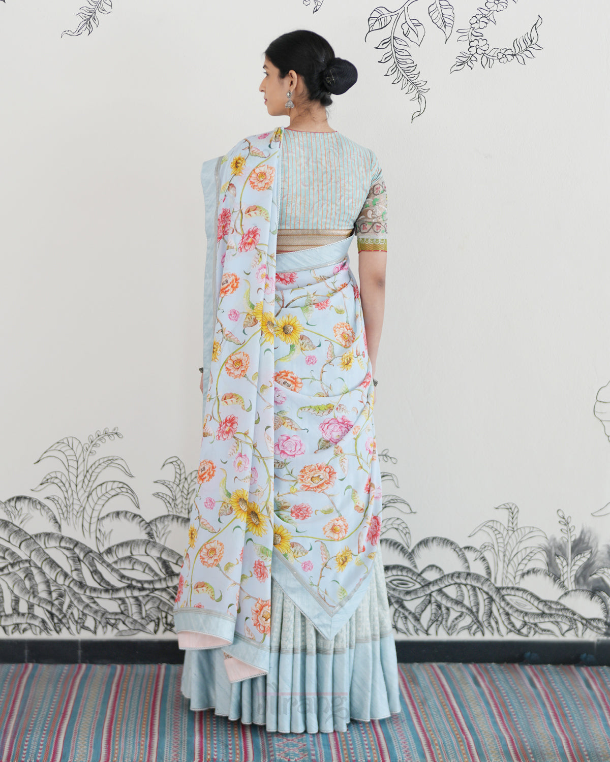 Blue Handwoven Georgette Embroidered Lehenga