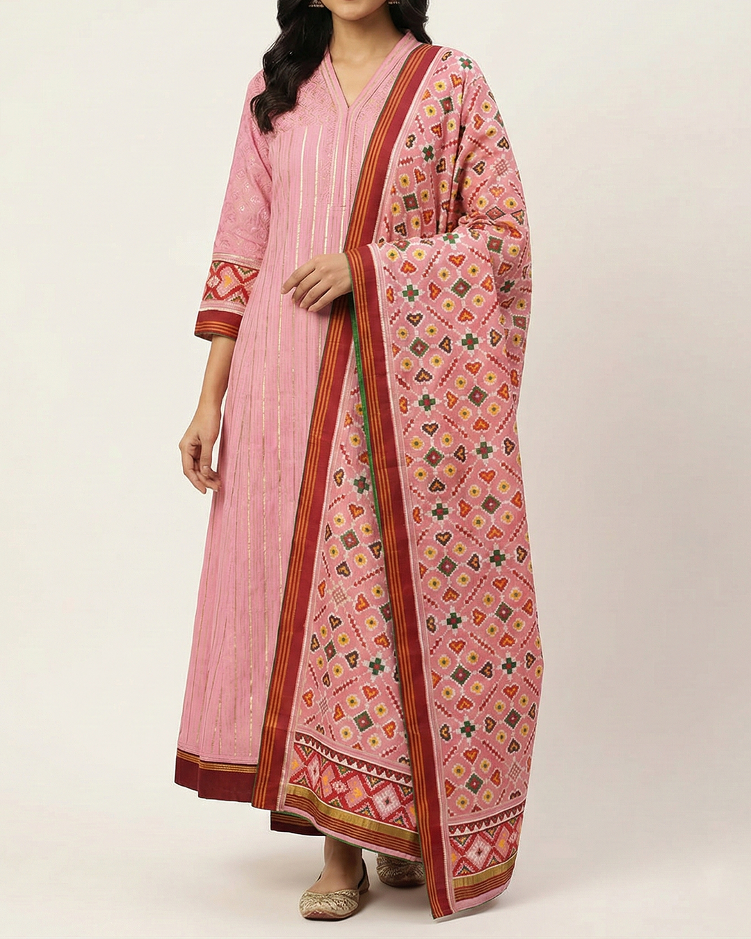 Pink Handwoven Tussar Embroidery Sufi-Cut Kurta Set