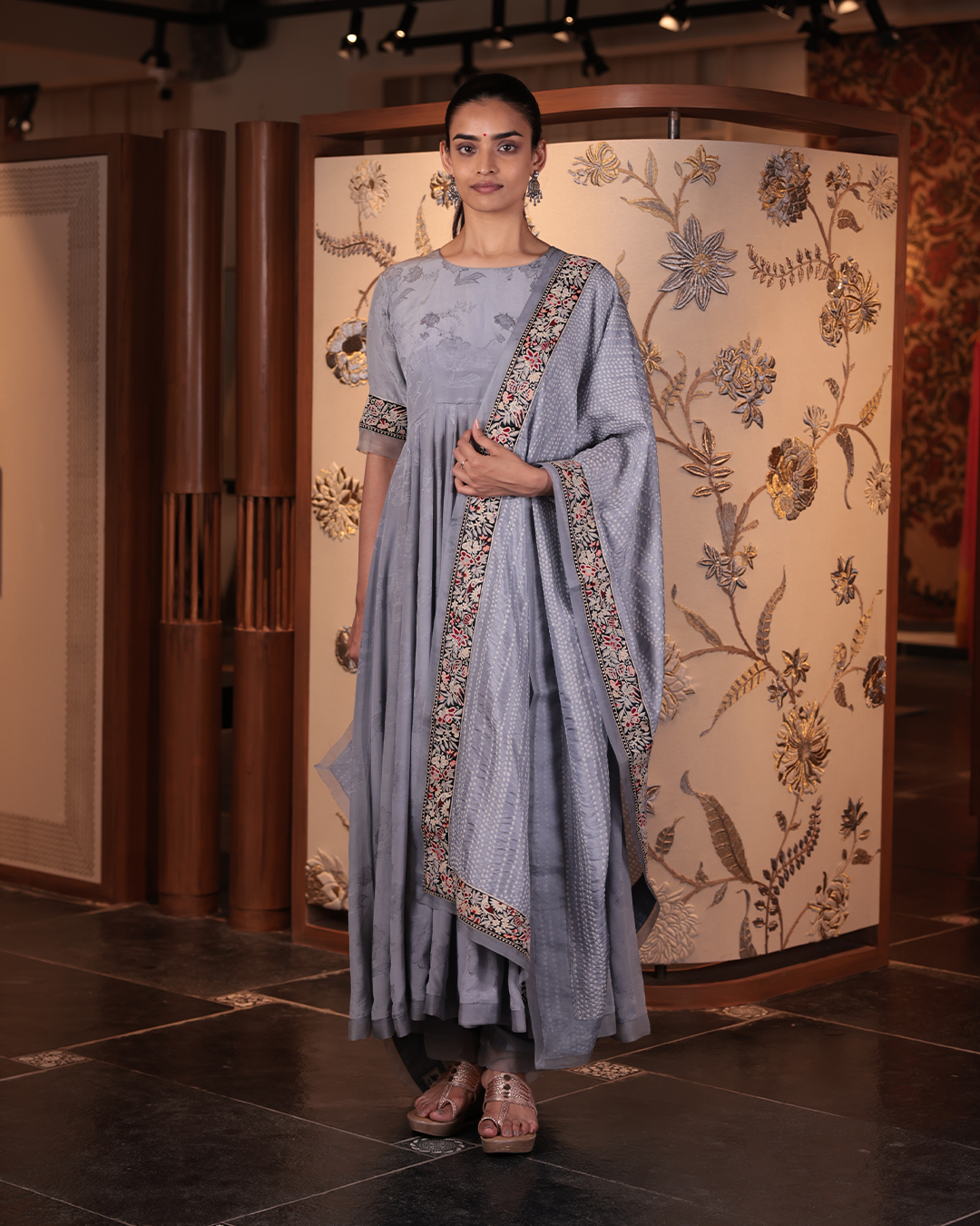 Gray Handwoven Self Crepe Silk Anarkali