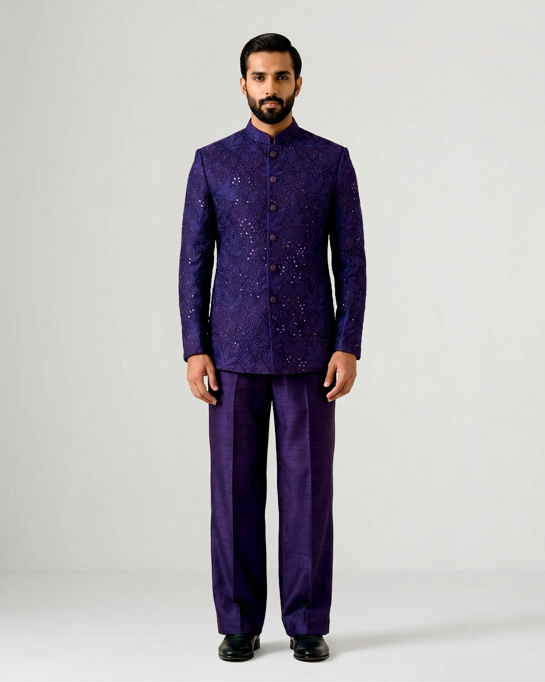 Navy Blue Handwoven Tussar Silk Embroidered  Bandhgala