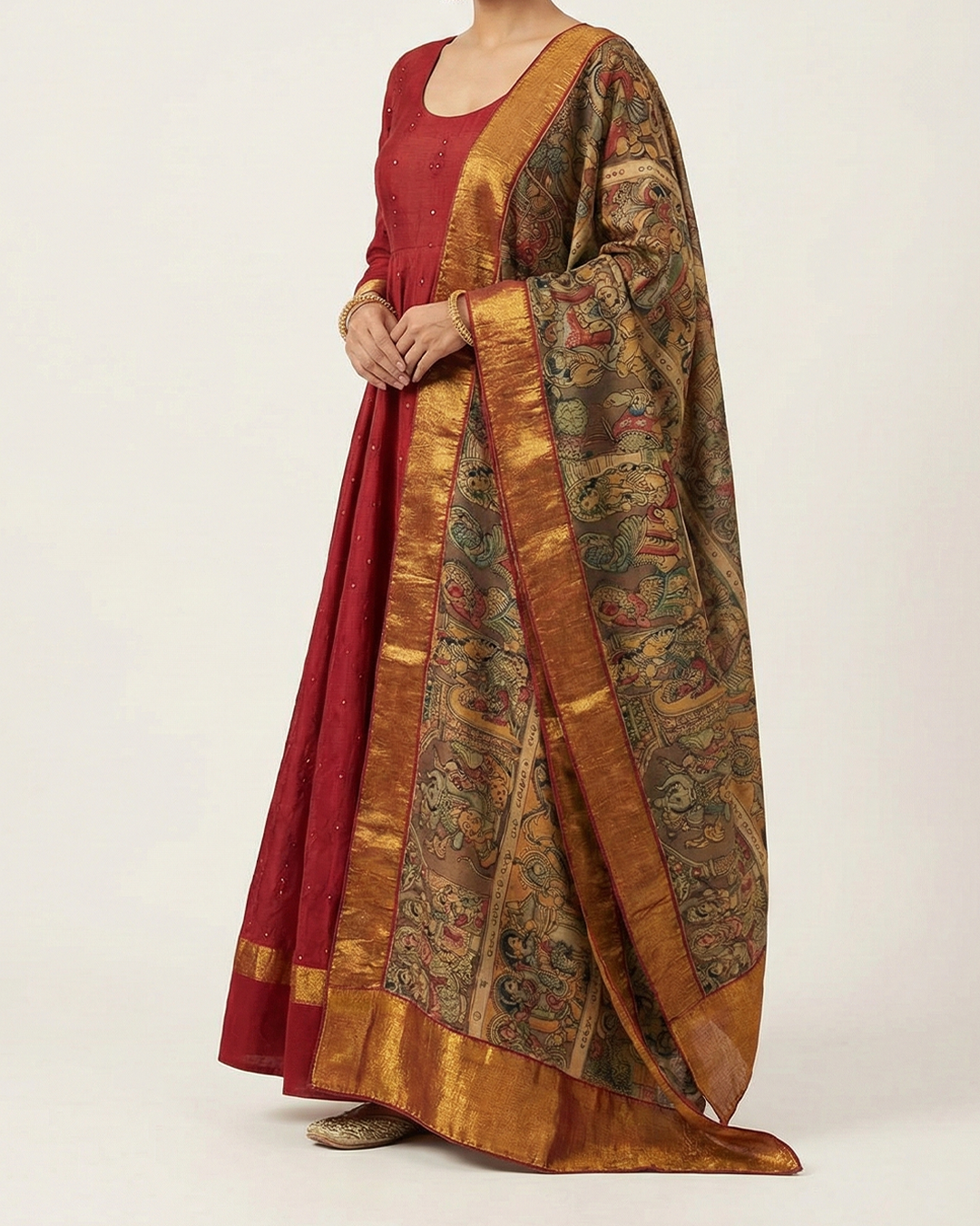 Red Handwoven Self Embroidery Anarkali