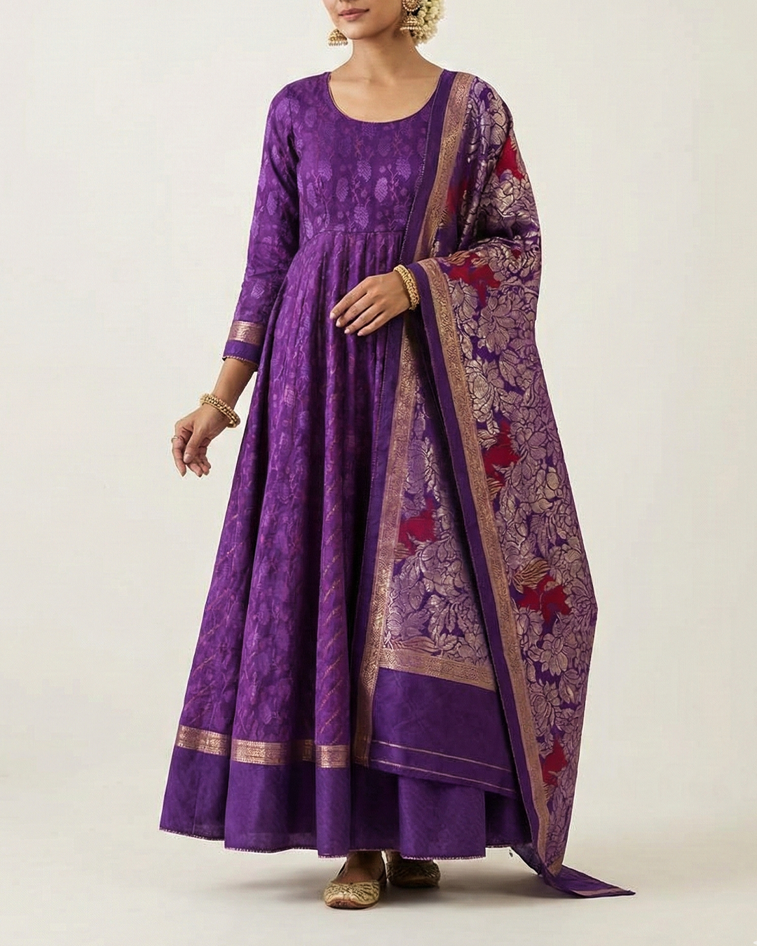 Purple Handwoven Banaras Cotton Silk Anarkali