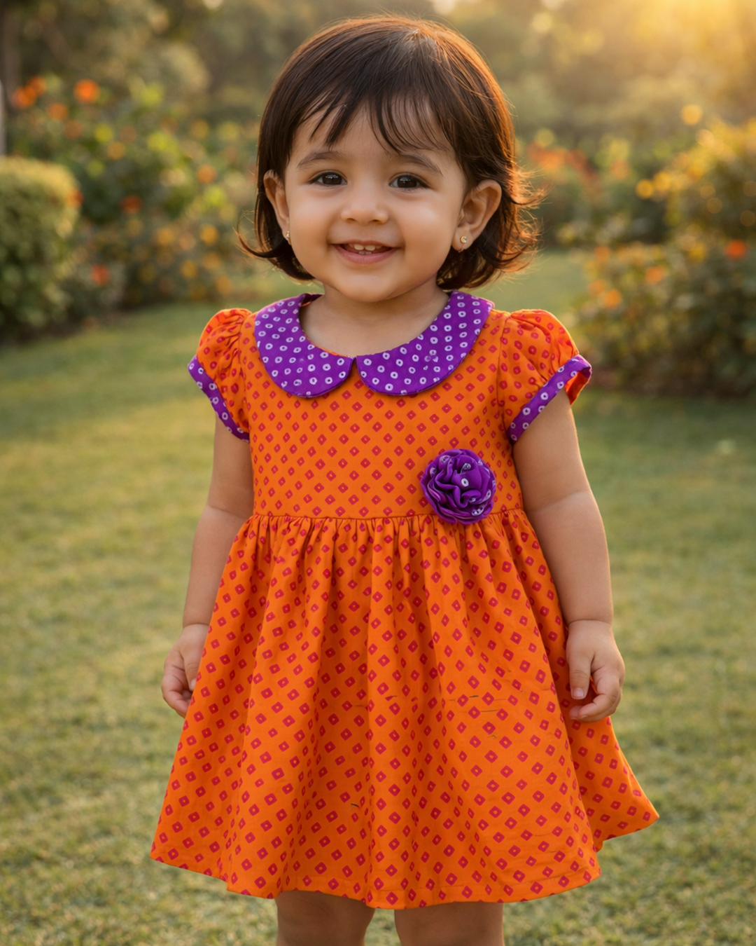 Orange Bandhani Printed Frock