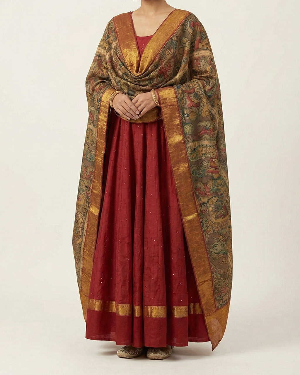 Red Handwoven Self Embroidery Anarkali