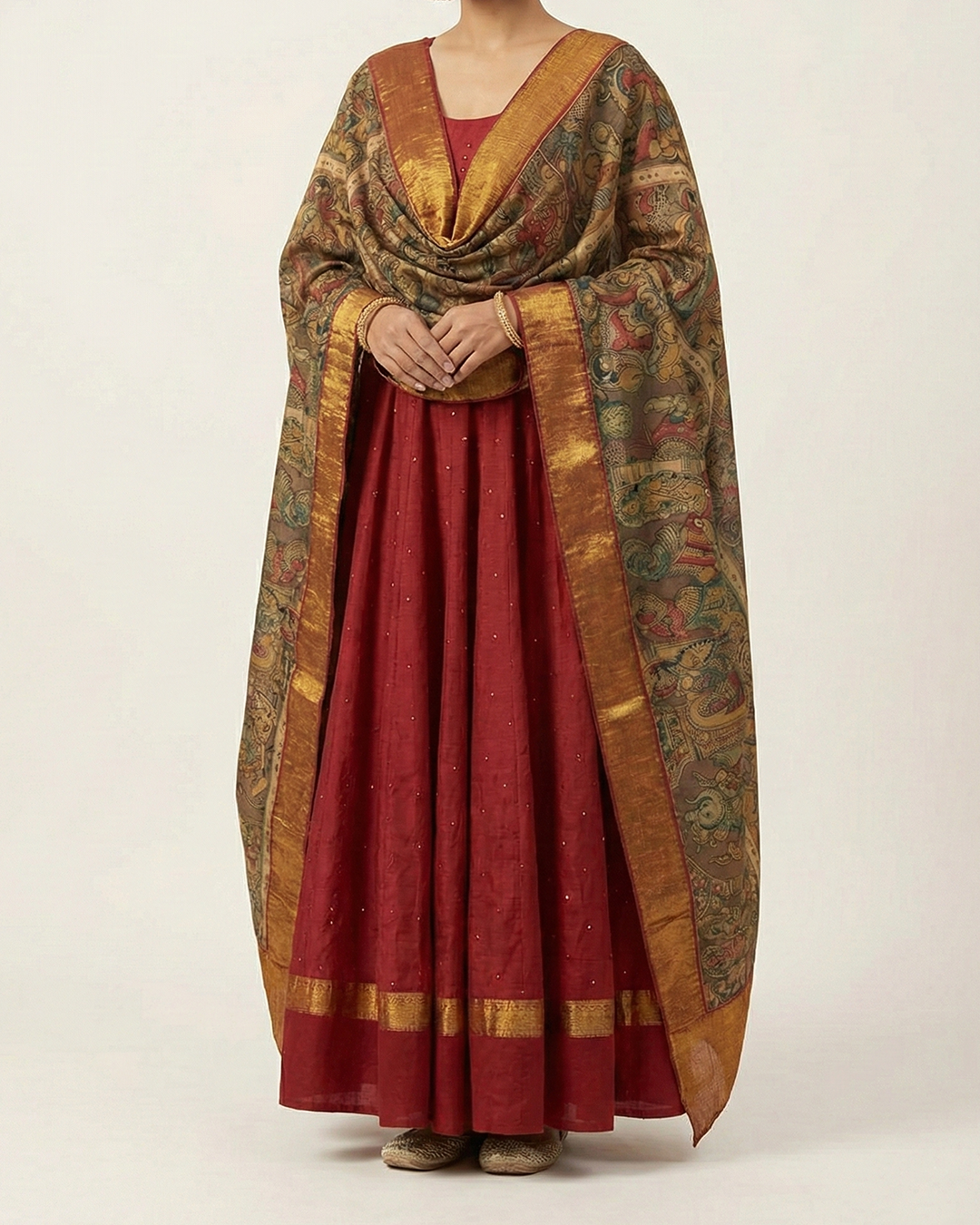 Red Handwoven Self Embroidery Anarkali