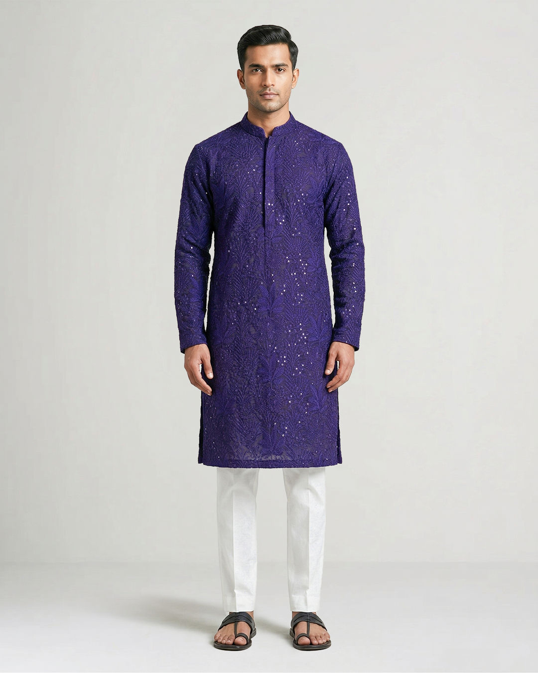 Navy Blue Handwoven Tussar Silk Embroidered Kurta