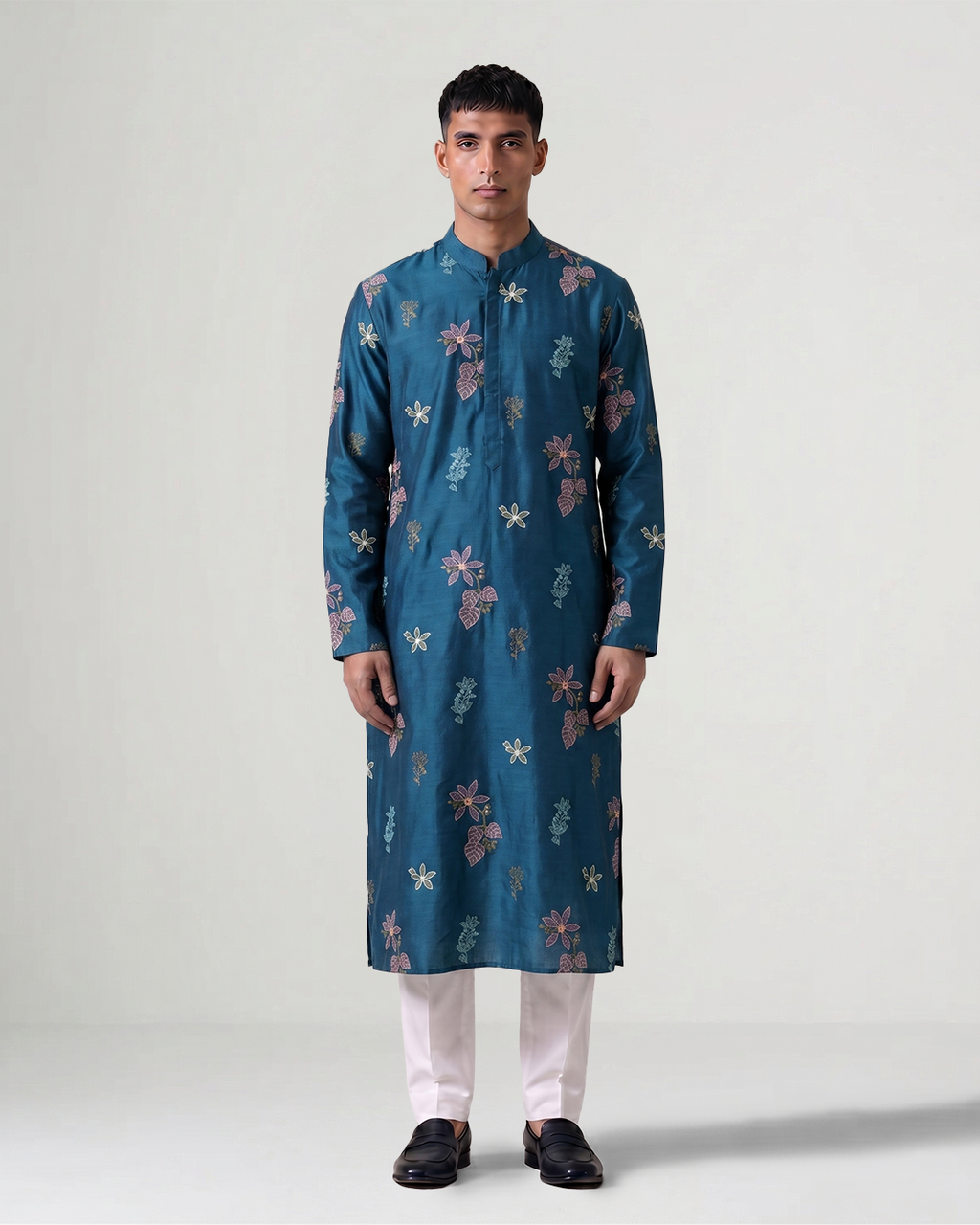 Blue Handwoven Tussar Silk Embroidered Kurta