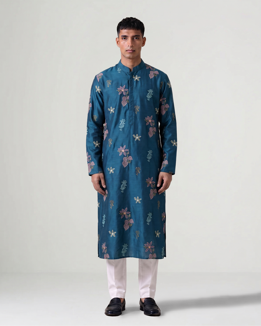 Blue Handwoven Tussar Silk Embroidered Kurta