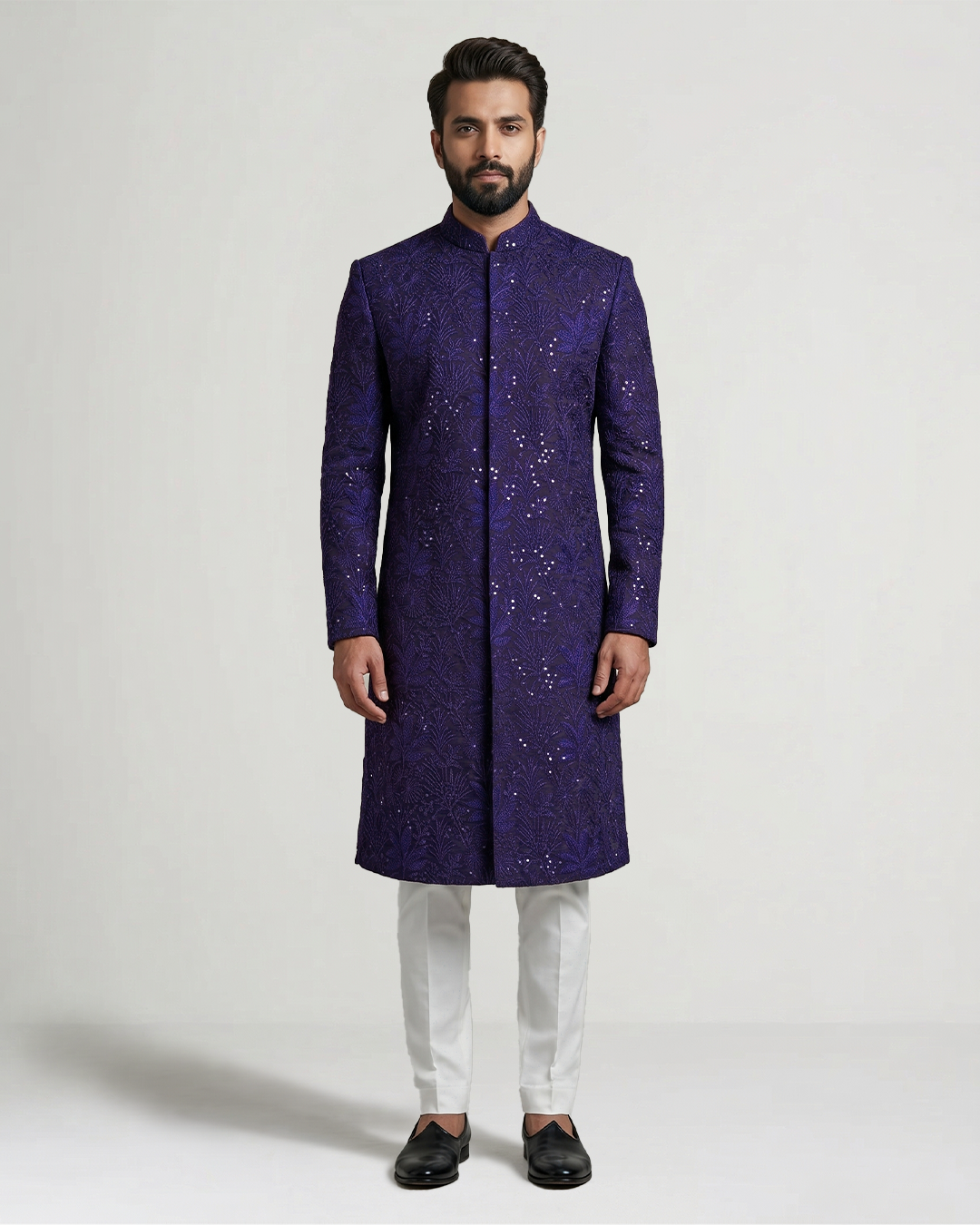 Navy Blue Handwoven Tussar Silk Embroidered Sherwani
