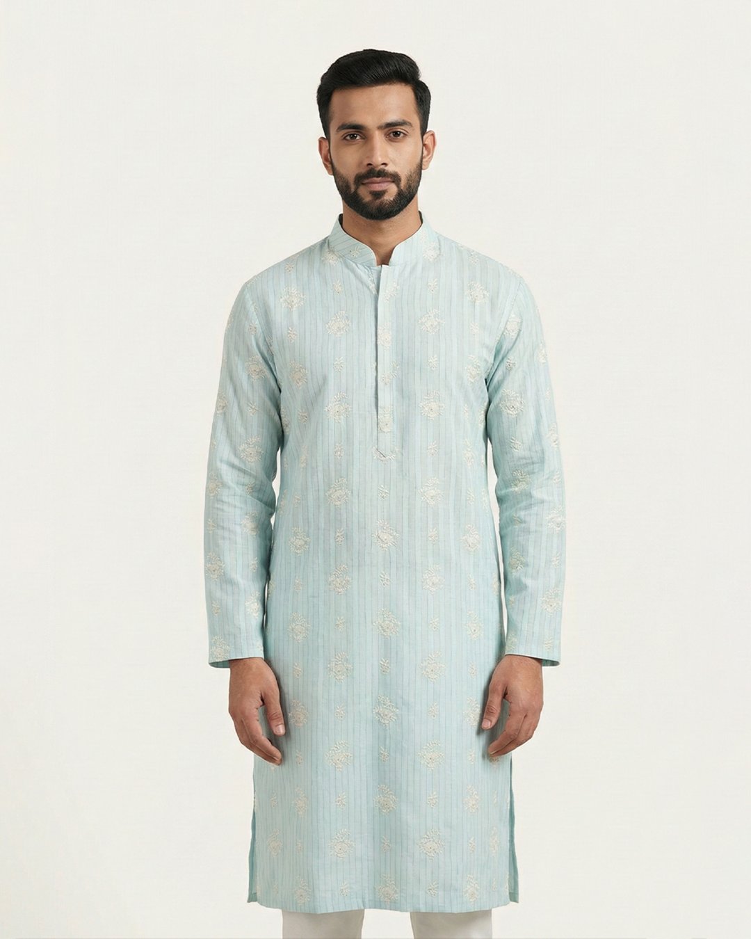 Blue Handwoven Chanderi Cotton Hand Embroidered Kurta