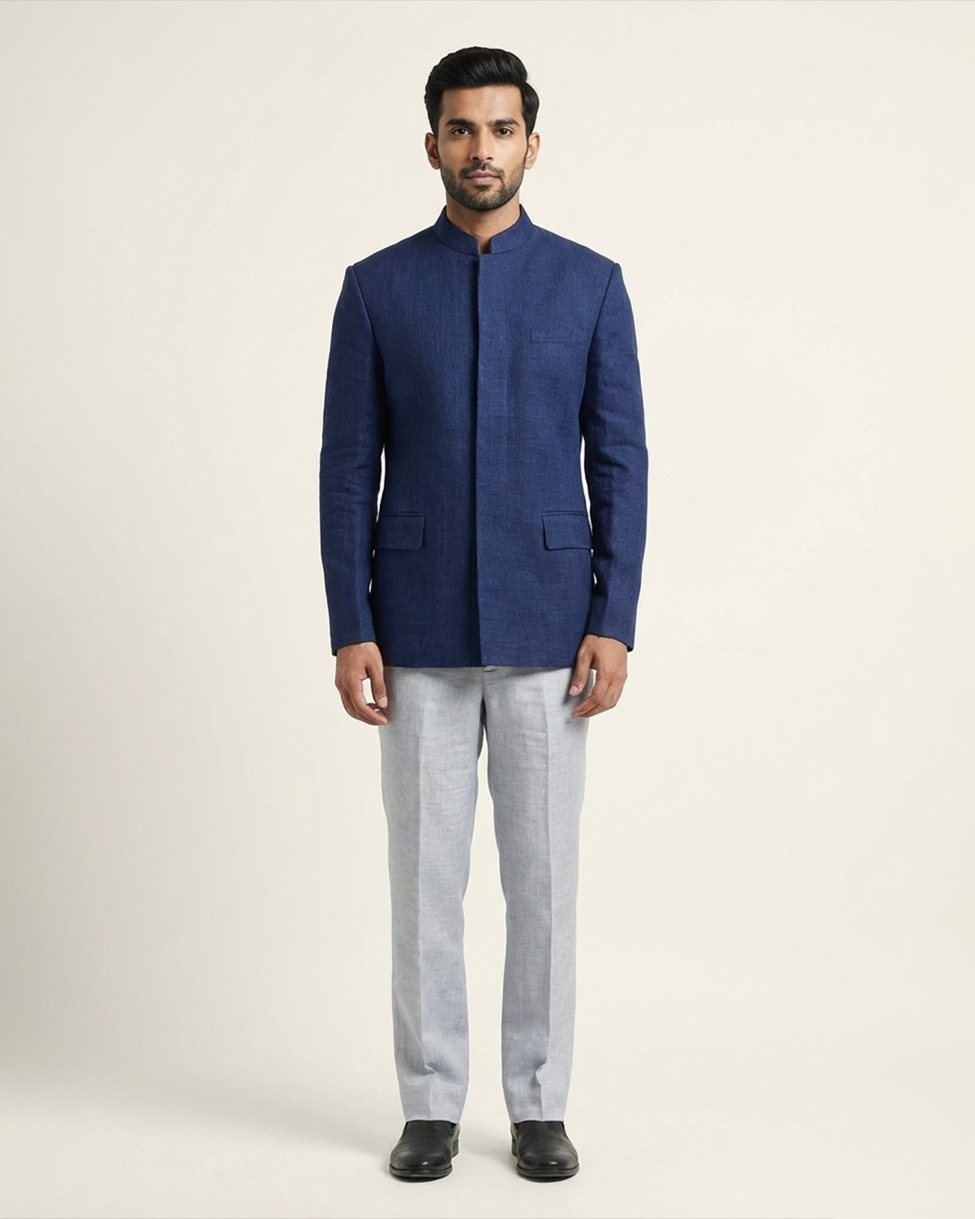 Navy Blue Handwoven Matka Katha Embroidery jacket Set