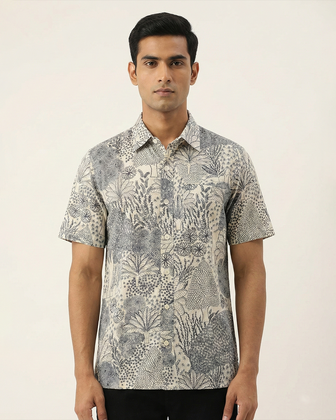 Off White Handwoven Chanderi Cotton Printed Shirt
