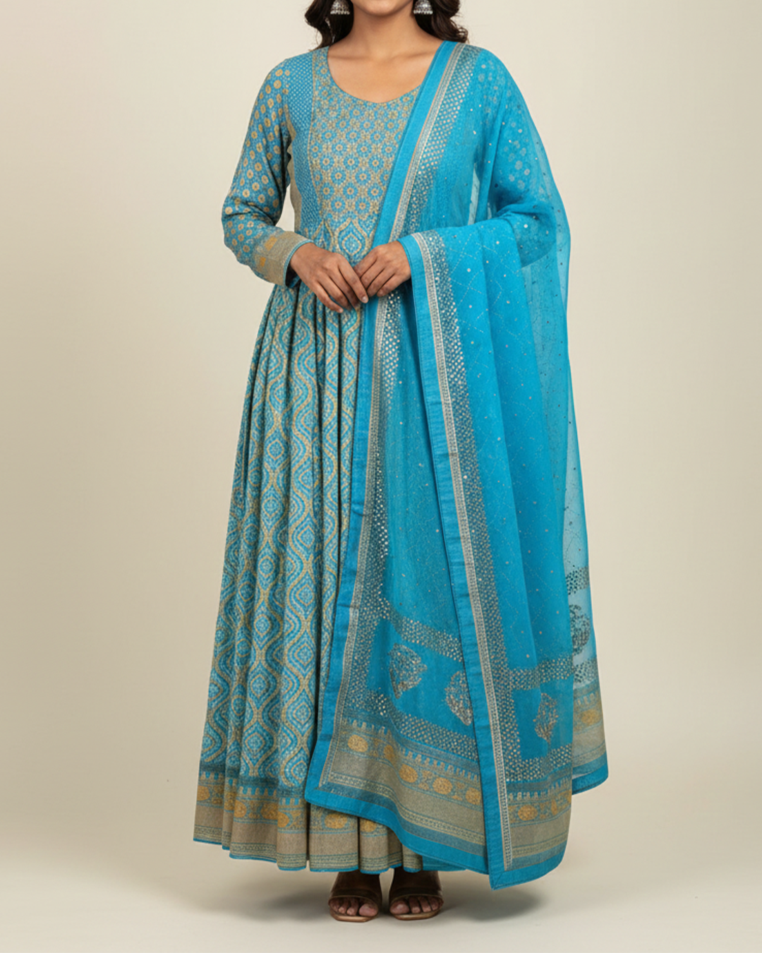 Turquoise Handwoven Banaras Georgette Bandhani Anarkali