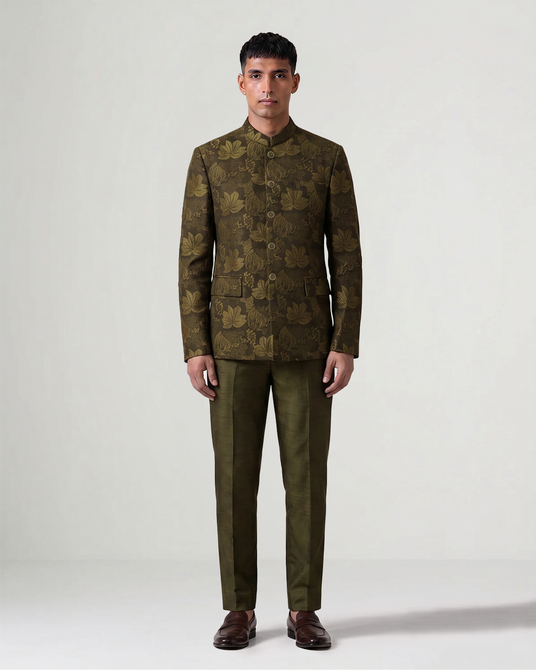 Green Handwoven Tussar Silk Embroidered Bandhgala