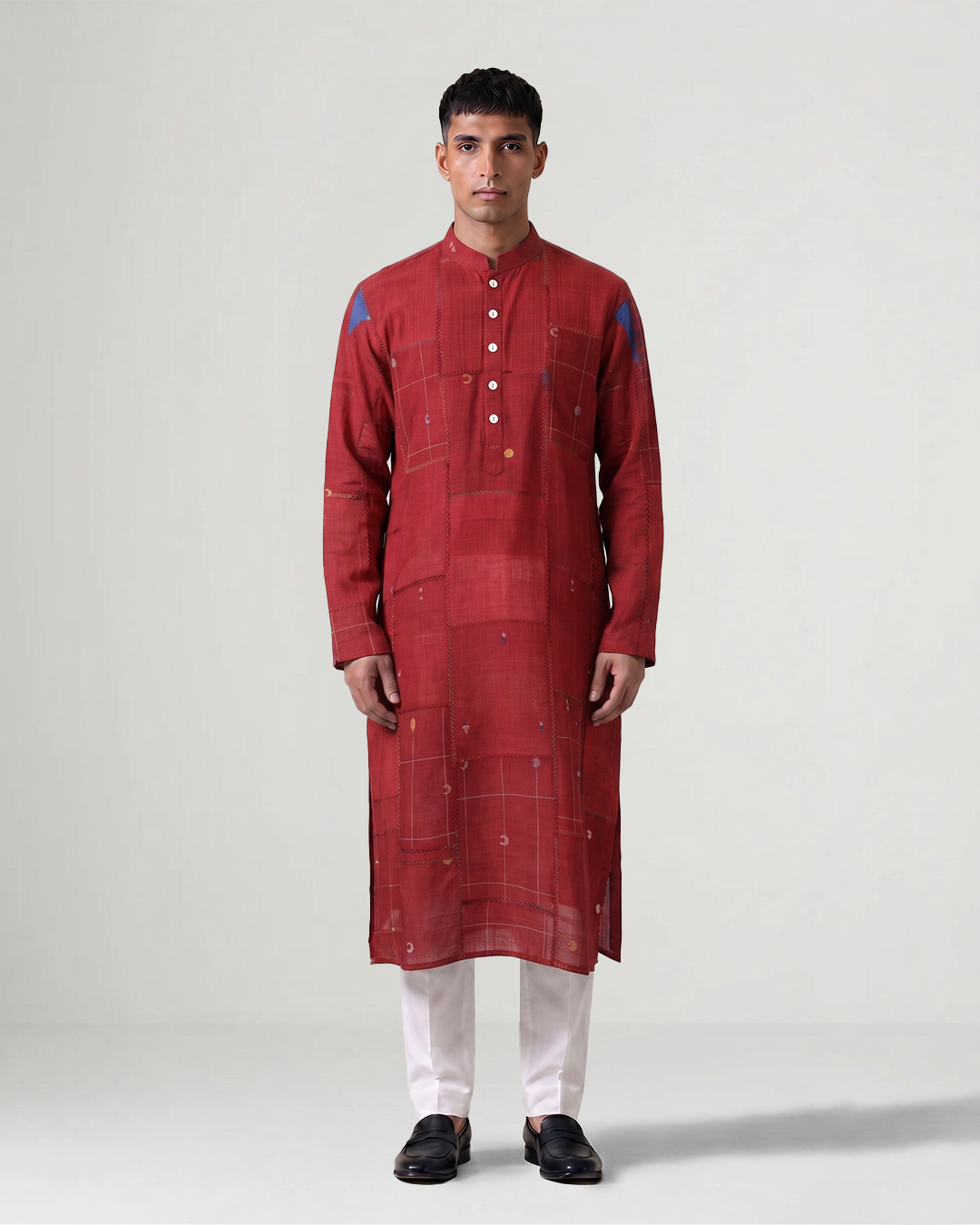 Red Handwoven Cotton Patchwork Kurta