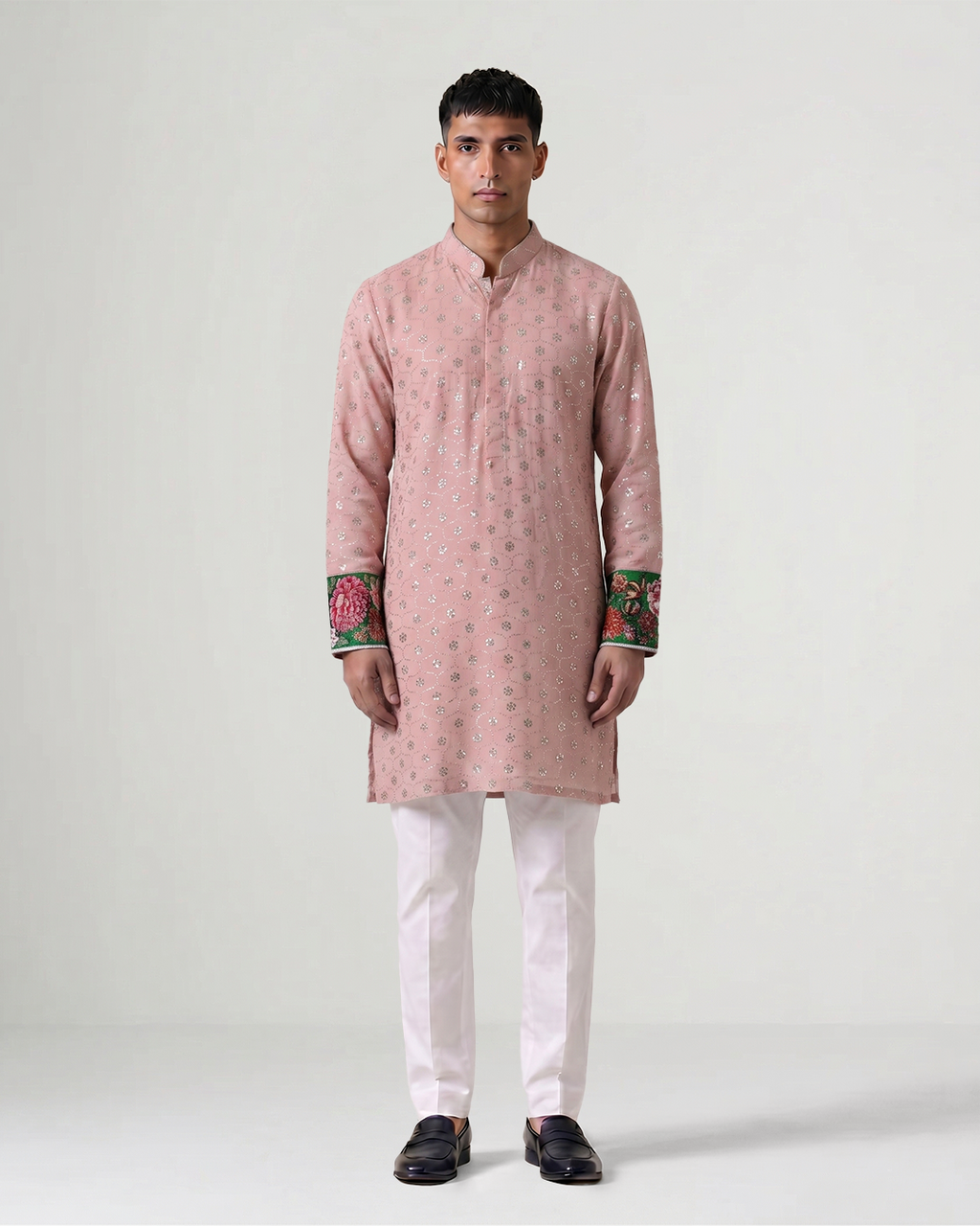 Pink Hand-Embroidered Badla Chiffon Kurta