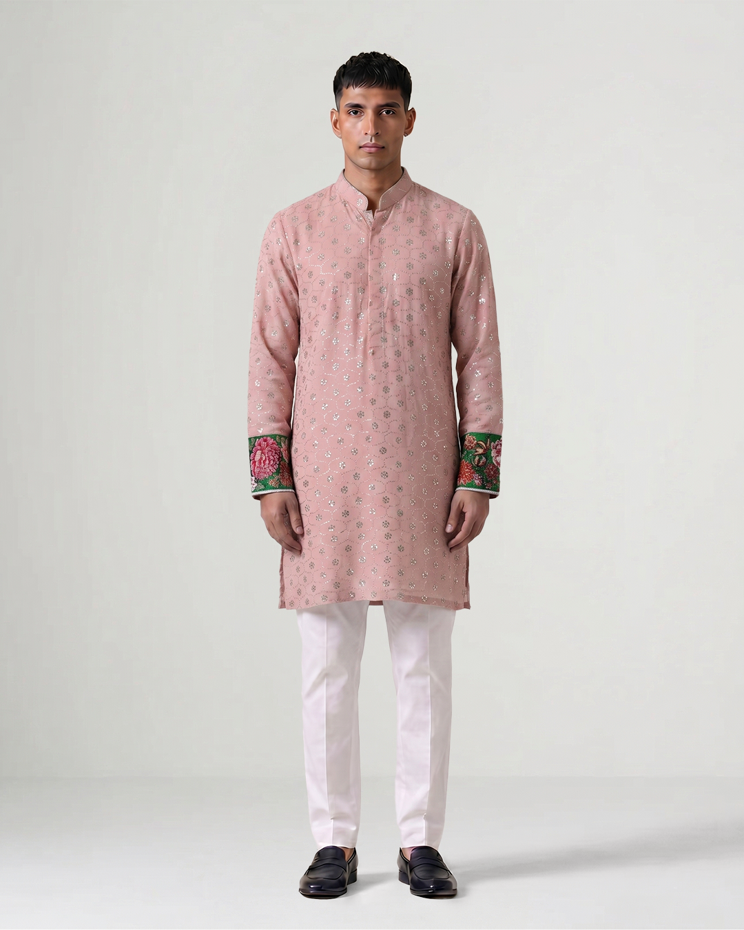 Pink Hand-Embroidered Badla Chiffon Kurta