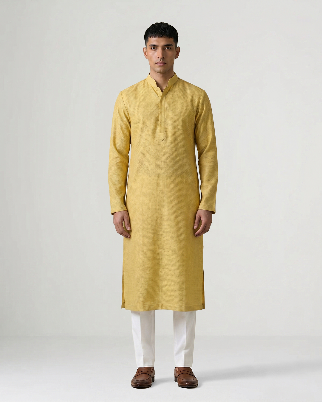 Yellow Handwoven Silk Quilted Weave Kurta
