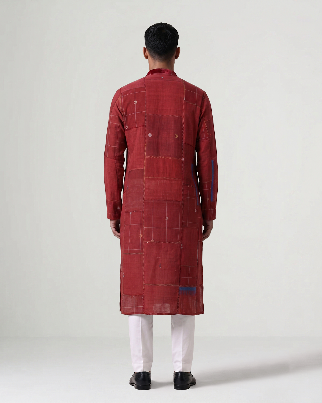 Red Handwoven Cotton Patchwork Kurta