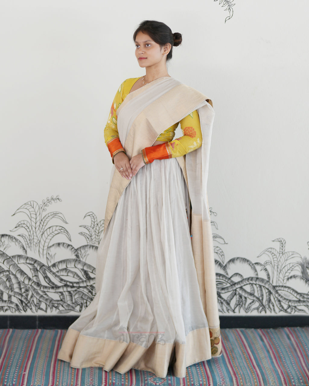 White Handwoven Maheshwari Silk Tissue Lehenga