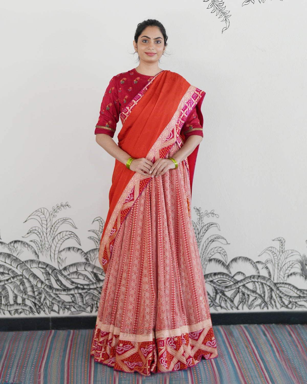 Orange Handwoven Tussar Embroidered Lehenga