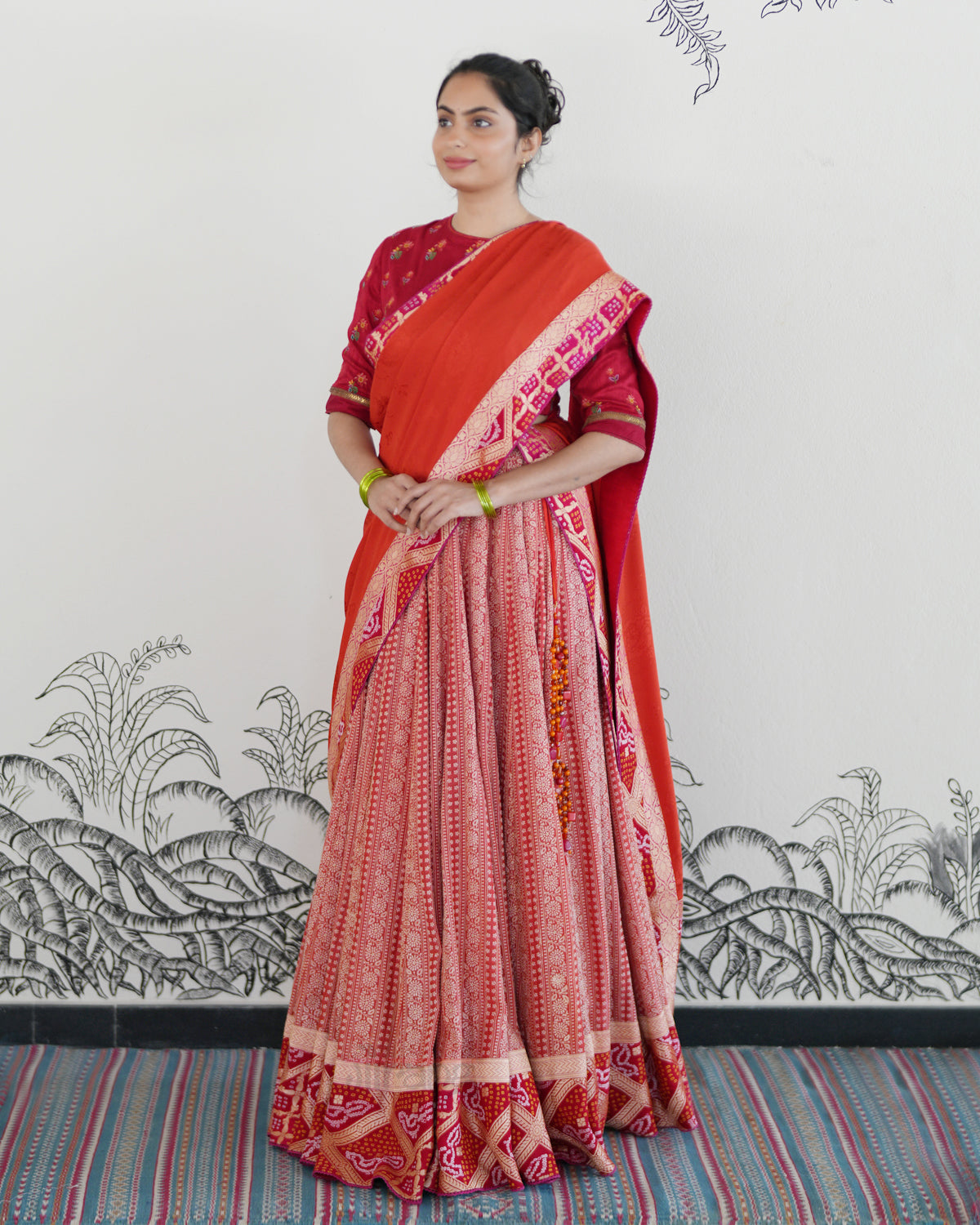 Orange Handwoven Tussar Embroidered Lehenga
