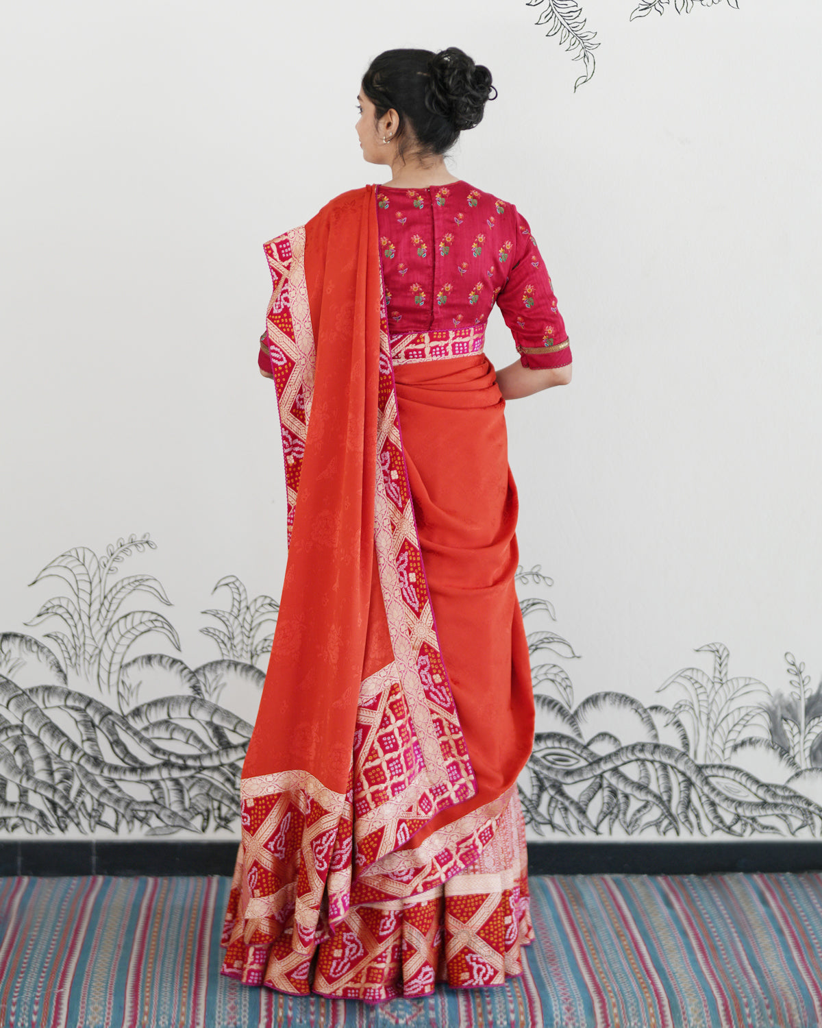 Orange Handwoven Tussar Embroidered Lehenga