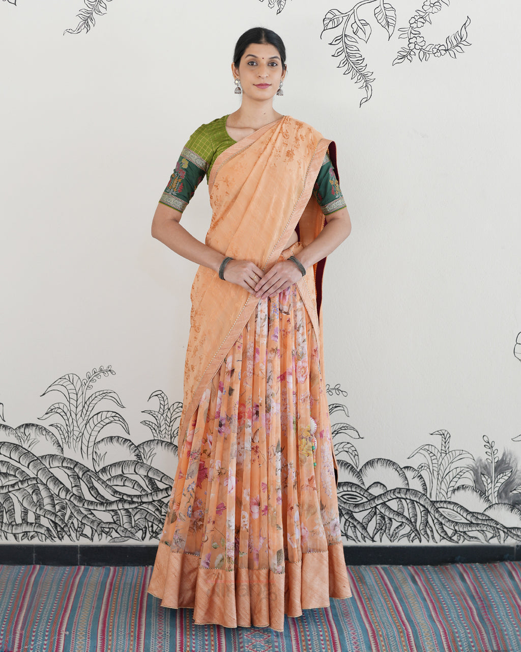 Peach Handwoven Georgette Embroidered Lehenga
