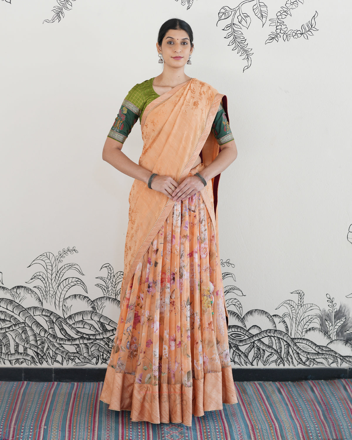 Peach Handwoven Georgette Embroidered Lehenga
