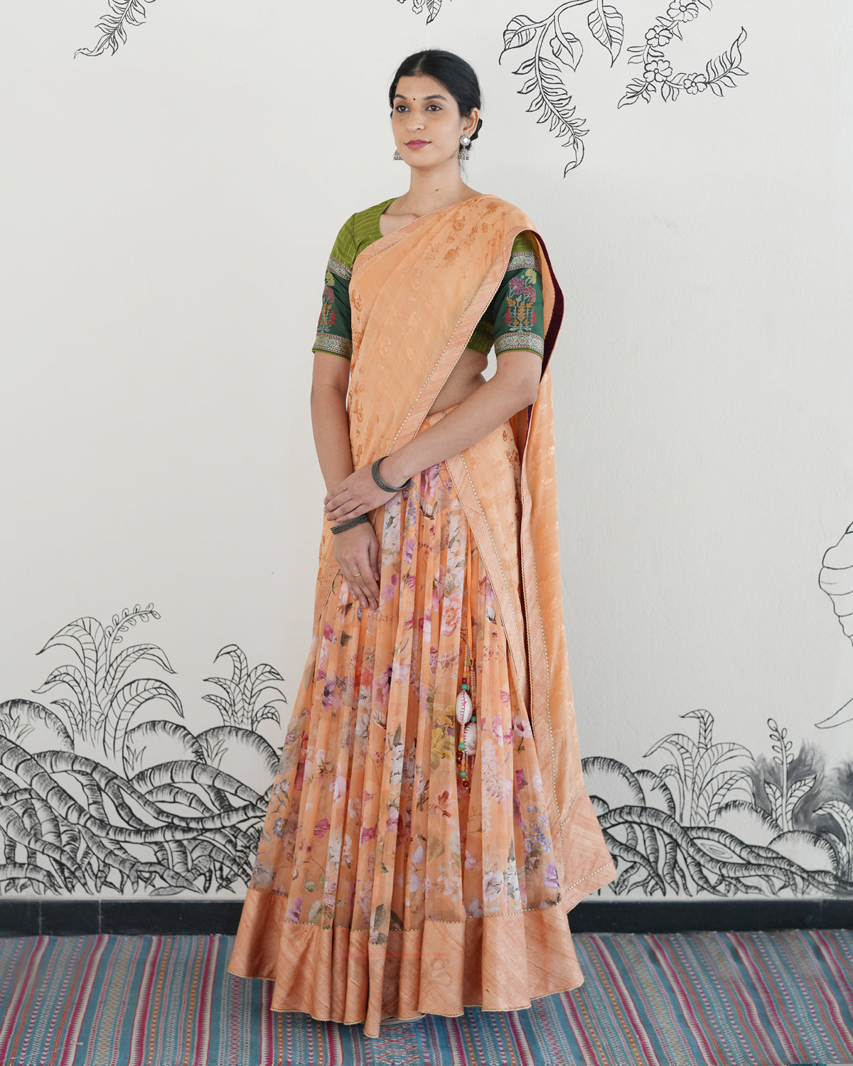 Peach Handwoven Georgette Embroidered Lehenga