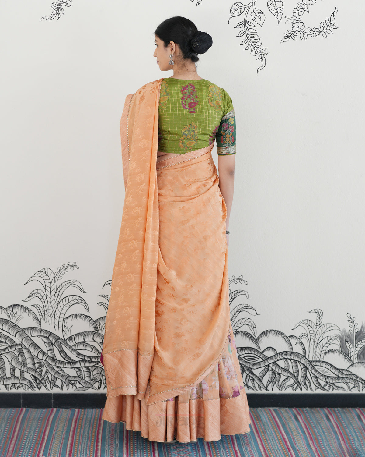 Peach Handwoven Georgette Embroidered Lehenga