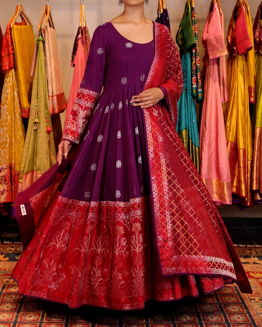 Purple Handwoven Cotton Kota Jamdani Anarkali