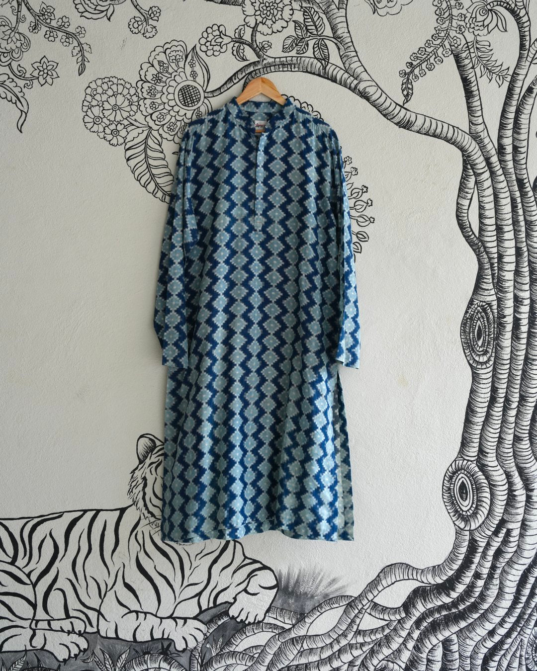 Blue Handwoven Khadi Double Ikkat Kurta